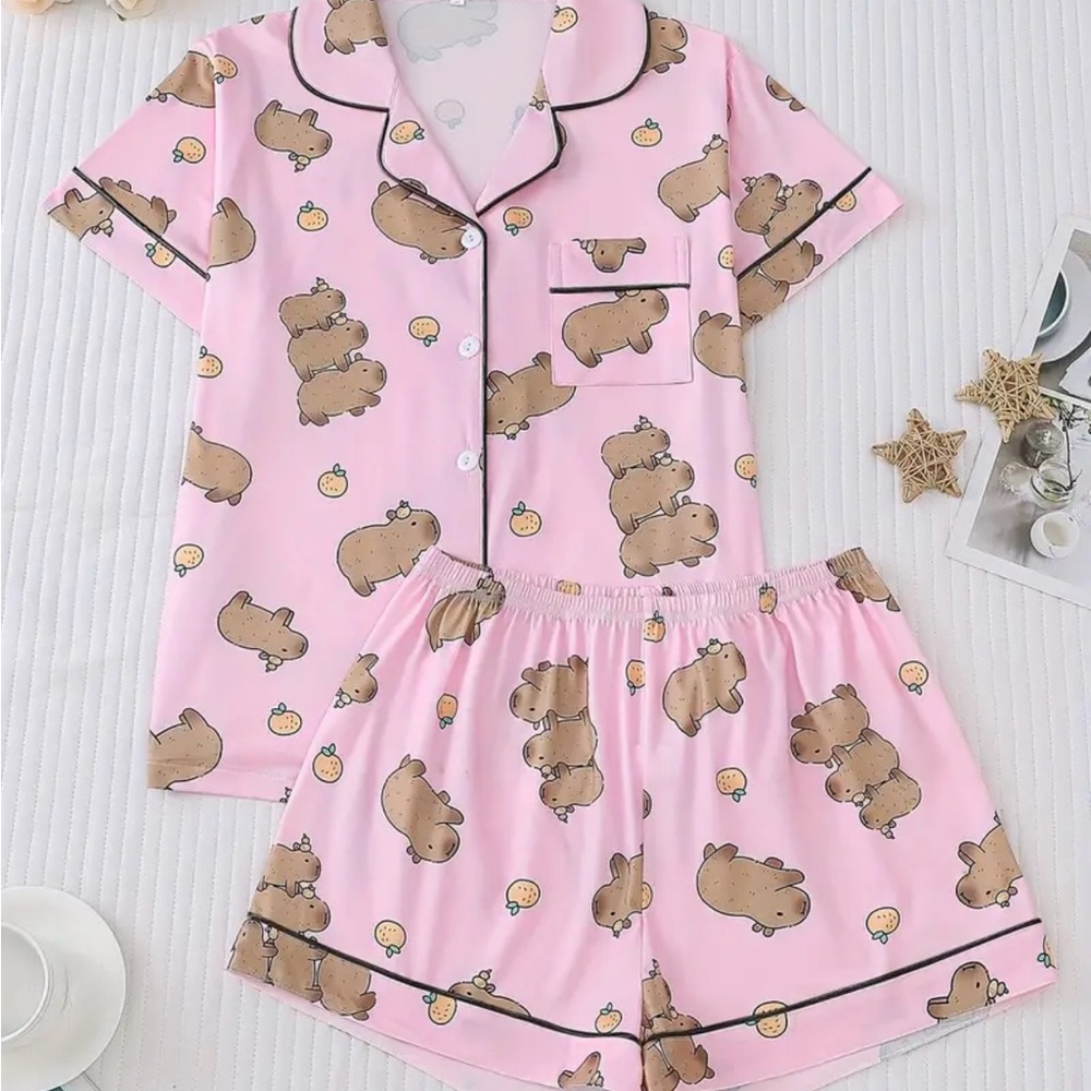 Pink Teddy Bear Pajama Set with Piping Details